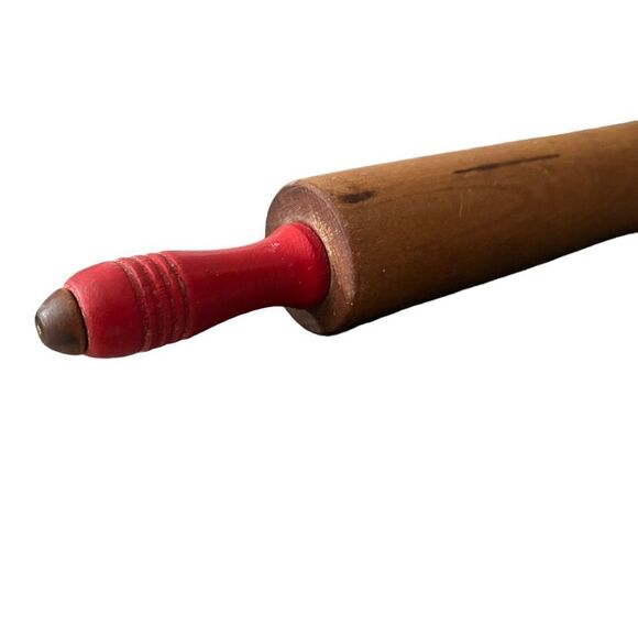 Vintage Wooden Rolling Pin 1940’s Red Handles AWESOME - Picture 3 of 3